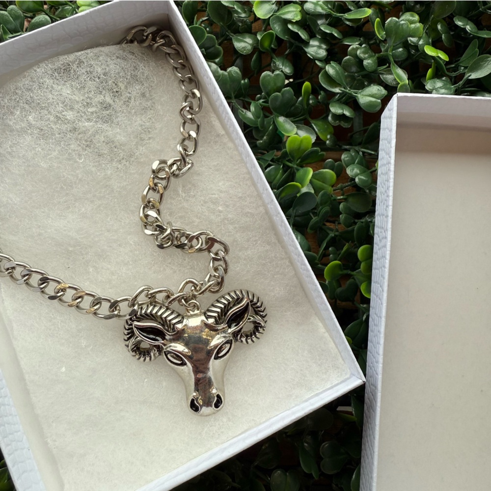 Silver Tone Ram Head Pendant Necklace Aries Zodiac Boho Gothic 24”